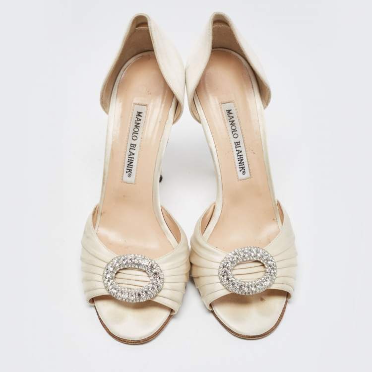 Pre Owned Manolo Blahnik White Satin Sedaraby D'orsay Pumps Size 37.5