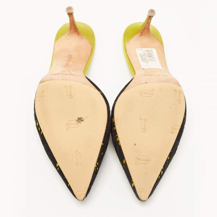 Pre Owned Manolo Blahnik Black/Green Cut Out Suede and Satin Bolri Mules Size 38