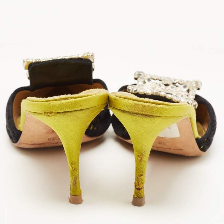 Pre Owned Manolo Blahnik Black/Green Cut Out Suede and Satin Bolri Mules Size 38