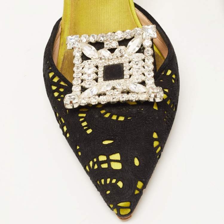 Pre Owned Manolo Blahnik Black/Green Cut Out Suede and Satin Bolri Mules Size 38