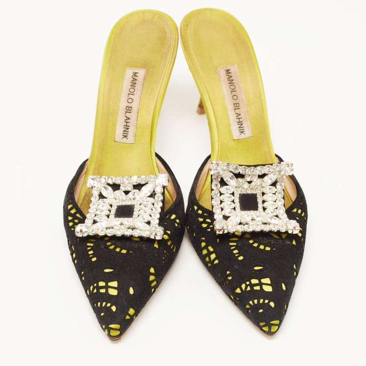 Pre Owned Manolo Blahnik Black/Green Cut Out Suede and Satin Bolri Mules Size 38
