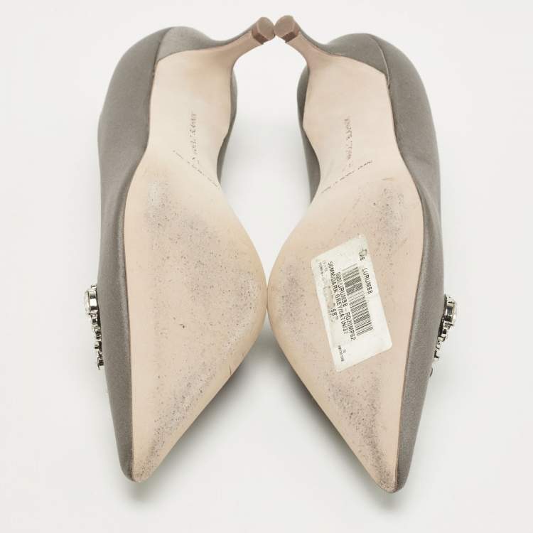 Pre Owned Manolo Blahnik Grey Satin Lurum Crystals Embellished Pumps Size 37