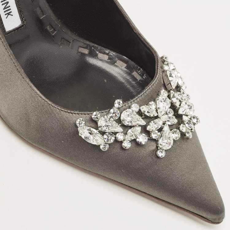 Pre Owned Manolo Blahnik Grey Satin Lurum Crystals Embellished Pumps Size 37