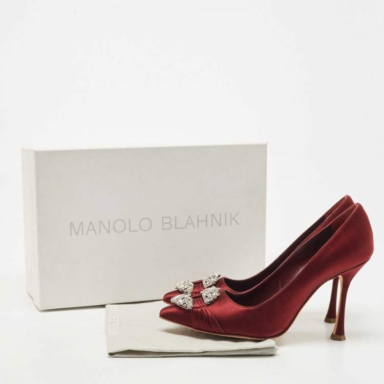 Pre Owned Manolo Blahnik Burgundy Satin Maidu Pumps Size 36.5