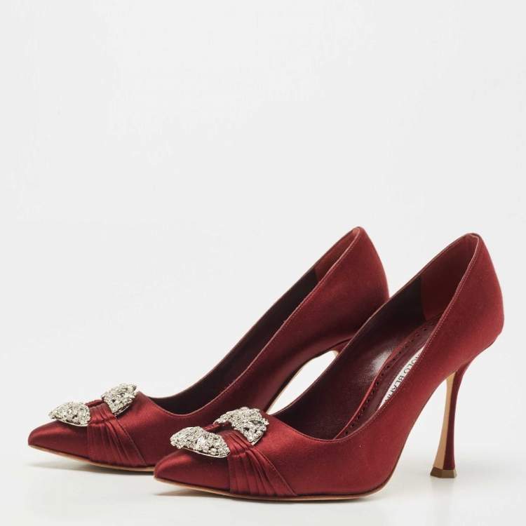 Pre Owned Manolo Blahnik Burgundy Satin Maidu Pumps Size 36.5