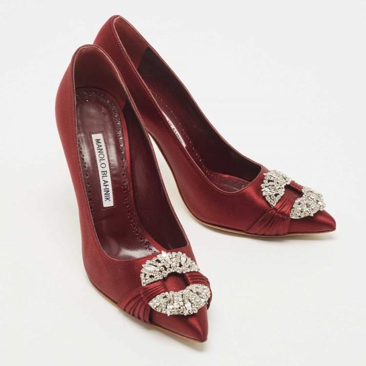 Pre Owned Manolo Blahnik Burgundy Satin Maidu Pumps Size 36.5