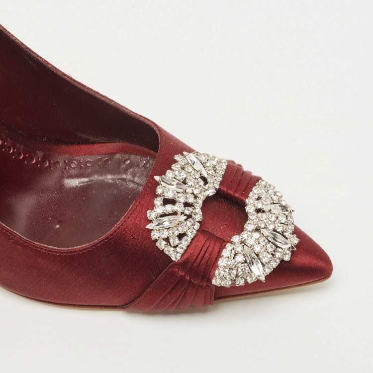 Pre Owned Manolo Blahnik Burgundy Satin Maidu Pumps Size 36.5