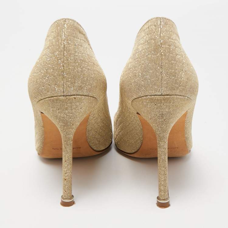 Pre Owned Manolo Blahnik Gold Glitter Fabric Hangisi Pumps Size 38