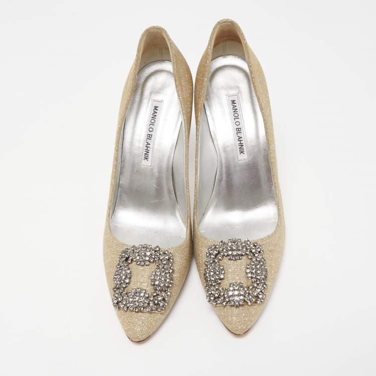Pre Owned Manolo Blahnik Gold Glitter Fabric Hangisi Pumps Size 38