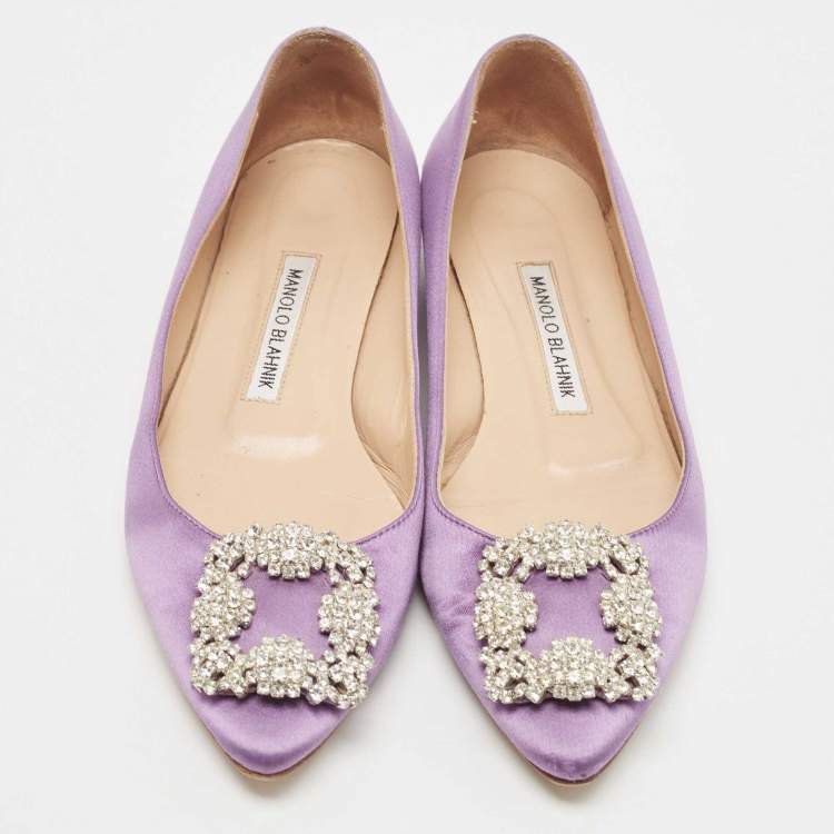 Pre Owned Manolo Blahnik Purple Satin Hangisi Ballet Flats Size 36.5