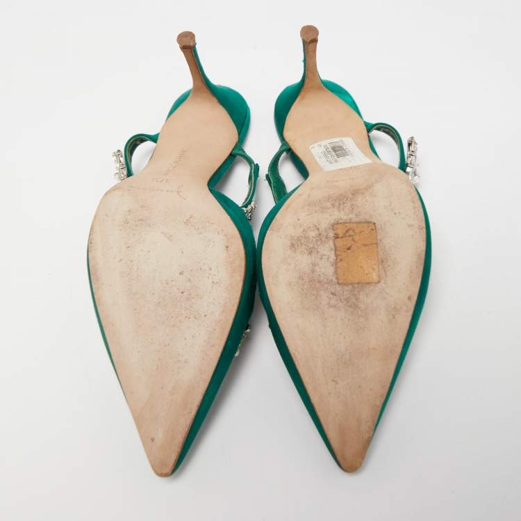 Pre Owned Manolo Blahnik Green Satin Crystal Embellished Lurum Mules Size 37.5