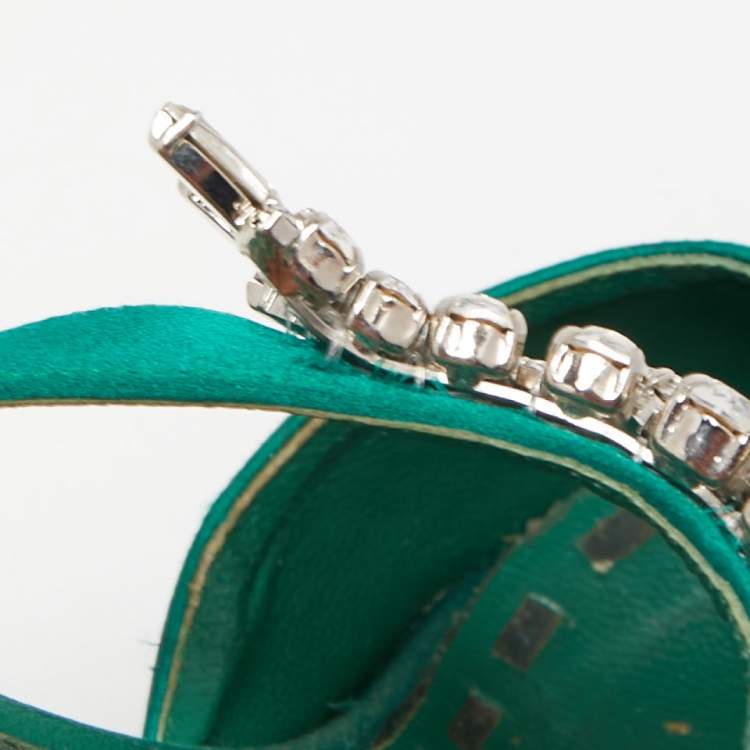 Pre Owned Manolo Blahnik Green Satin Crystal Embellished Lurum Mules Size 37.5