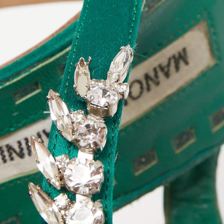 Pre Owned Manolo Blahnik Green Satin Crystal Embellished Lurum Mules Size 37.5
