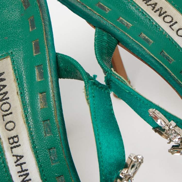 Pre Owned Manolo Blahnik Green Satin Crystal Embellished Lurum Mules Size 37.5