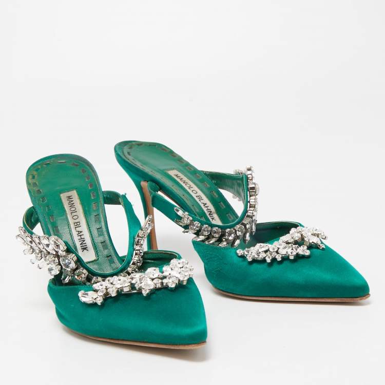 Pre Owned Manolo Blahnik Green Satin Crystal Embellished Lurum Mules Size 37.5
