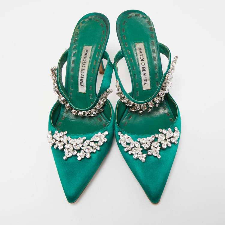 Pre Owned Manolo Blahnik Green Satin Crystal Embellished Lurum Mules Size 37.5