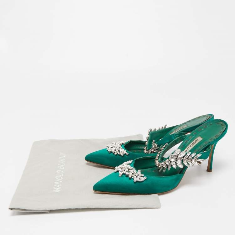 Pre Owned Manolo Blahnik Green Satin Crystal Embellished Lurum Mules Size 37.5