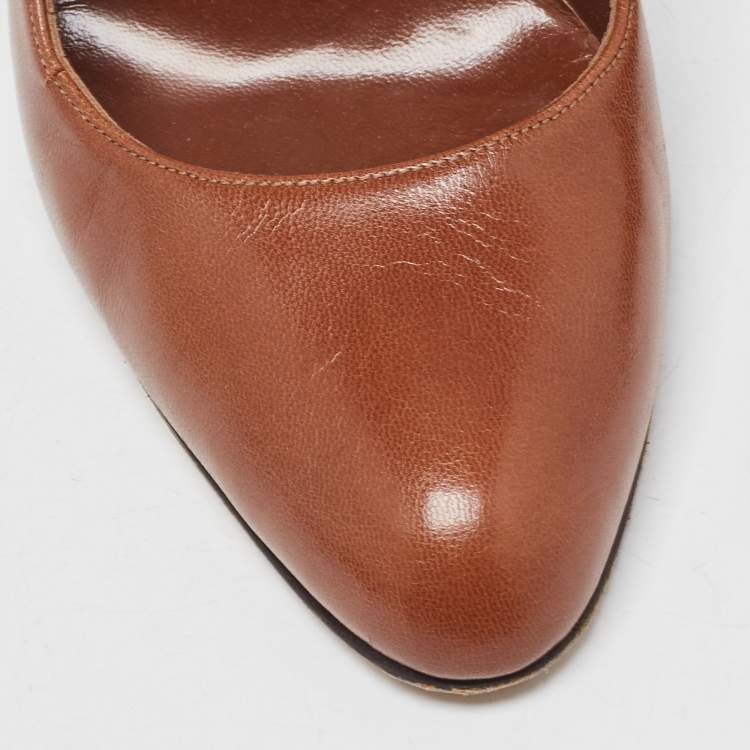 Pre Owned Manolo Blahnik Brown Leather Round Toe Pumps Size 38