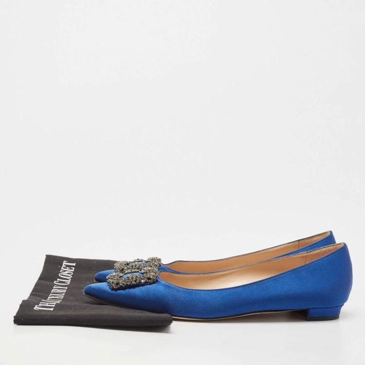 Pre Owned Manolo Blahnik Blue Satin Hangisi Ballet Flats Size 39.5