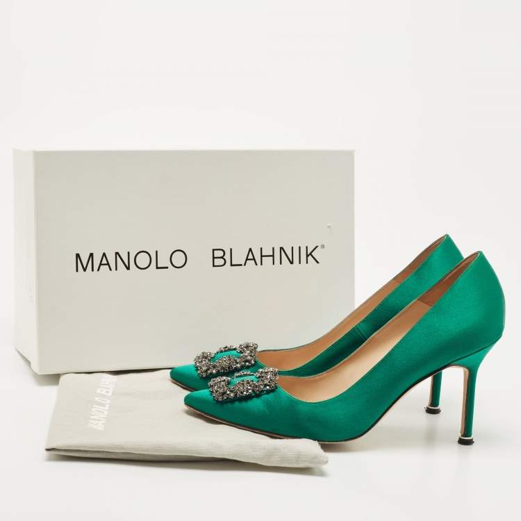Pre Owned Manolo Blahnik Green Satin Hangisi Pumps Size 38.5