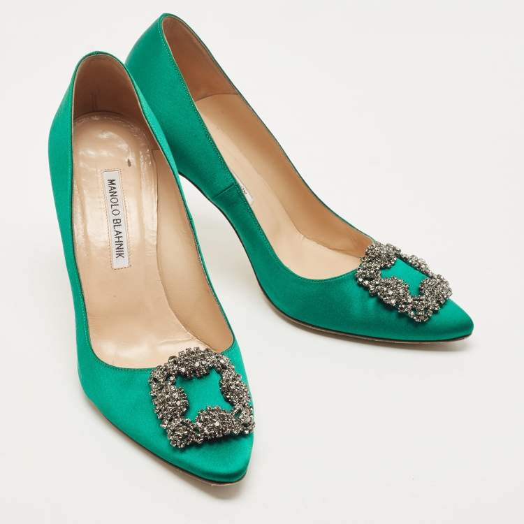 Pre Owned Manolo Blahnik Green Satin Hangisi Pumps Size 38.5