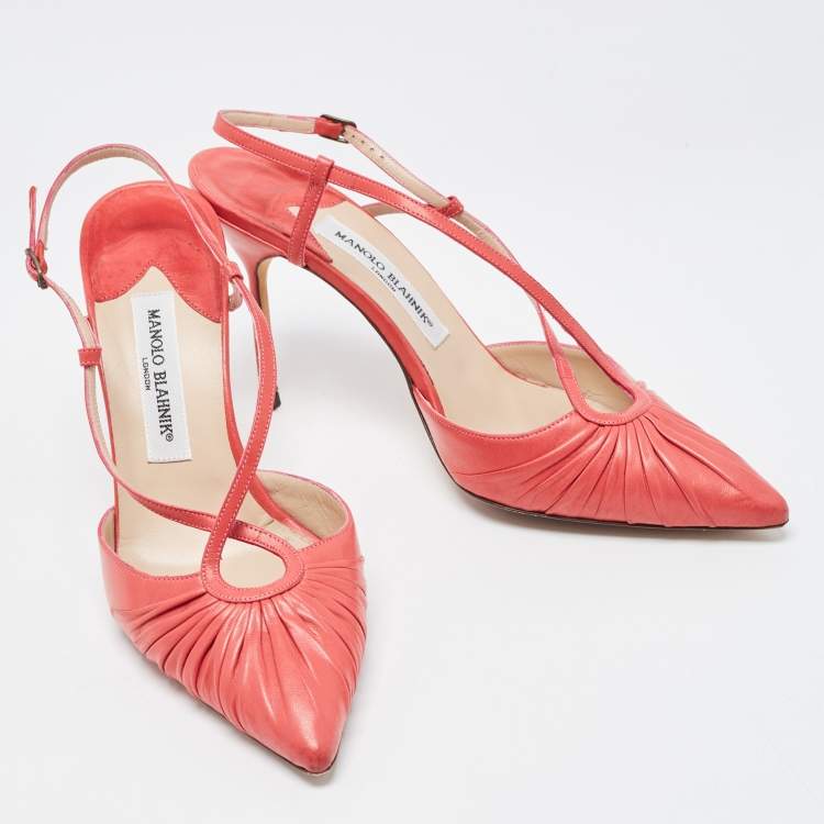 Pre Owned Manolo Blahnik Pink Pleated Leather Slingback Pumps Size 40