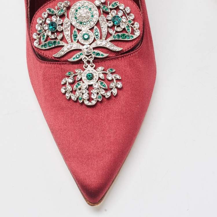 Pre Owned Manolo Blahnik Burgundy Satin Crystal Embellished Pointed Toe Pumps Size 38.5