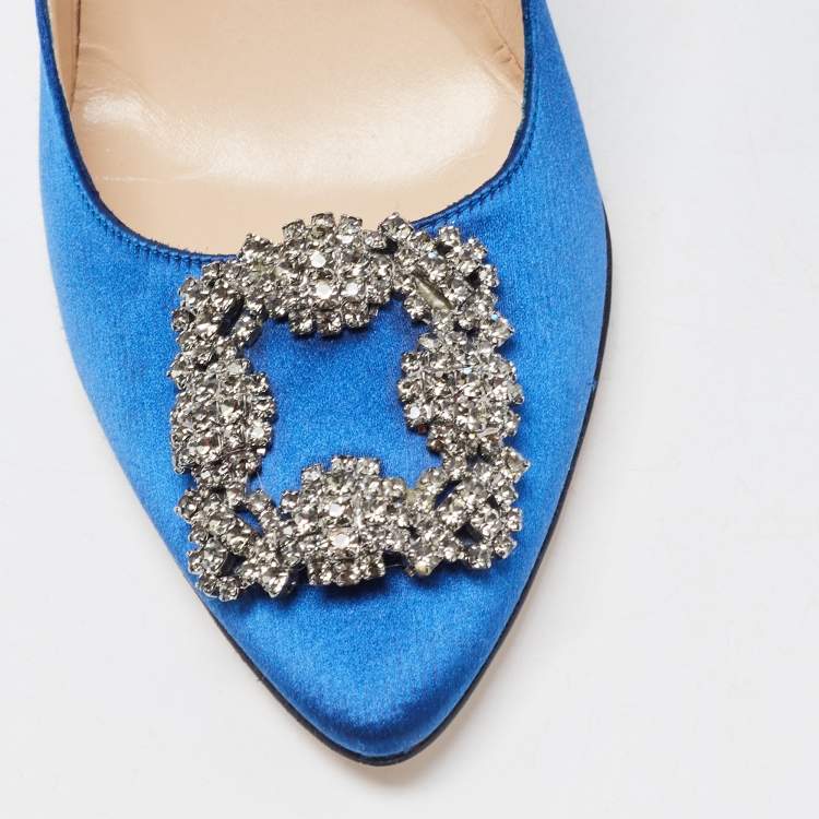 Pre Owned Manolo Blahnik Blue Satin Hangisi Crystal Embellished Pointed Toe Pumps Size 39.5
