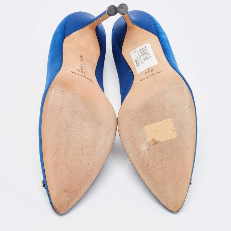 Pre Owned Manolo Blahnik Blue Satin Hangisi Crystal Embellished Pointed Toe Pumps Size 39.5