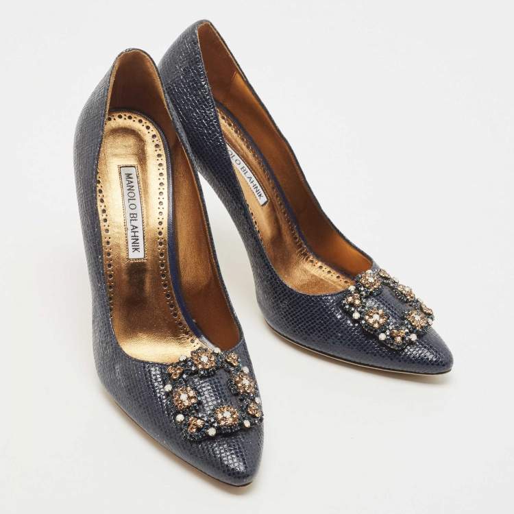 Pre Owned Manolo Blahnik Navy Blue Textured Leather Hangisi Pumps Size 39.5