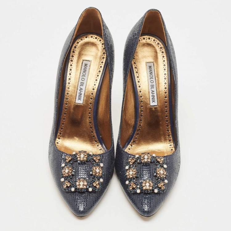 Pre Owned Manolo Blahnik Navy Blue Textured Leather Hangisi Pumps Size 39.5