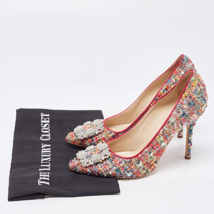 Pre Owned Manolo Blahnik Multicolor Tweed Hangisi Pumps Size 38.5