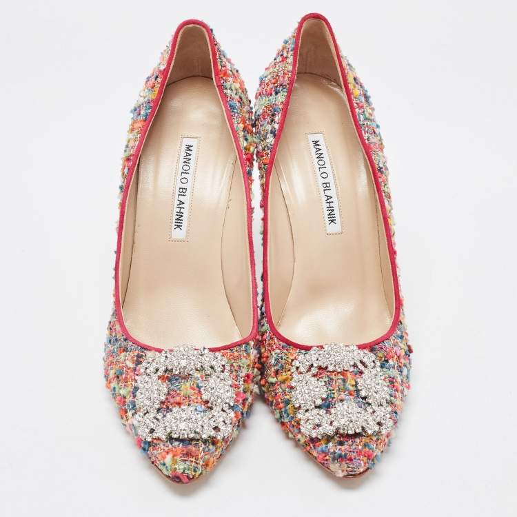Pre Owned Manolo Blahnik Multicolor Tweed Hangisi Pumps Size 38.5