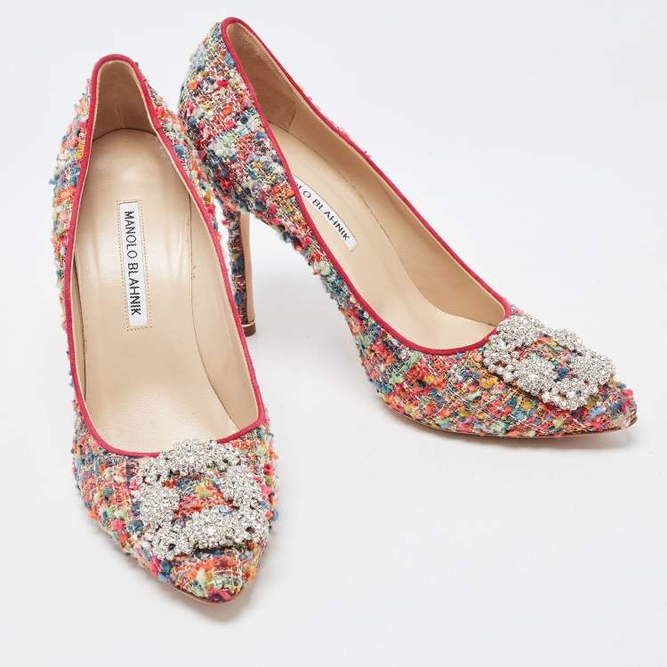 Pre Owned Manolo Blahnik Multicolor Tweed Hangisi Pumps Size 38.5