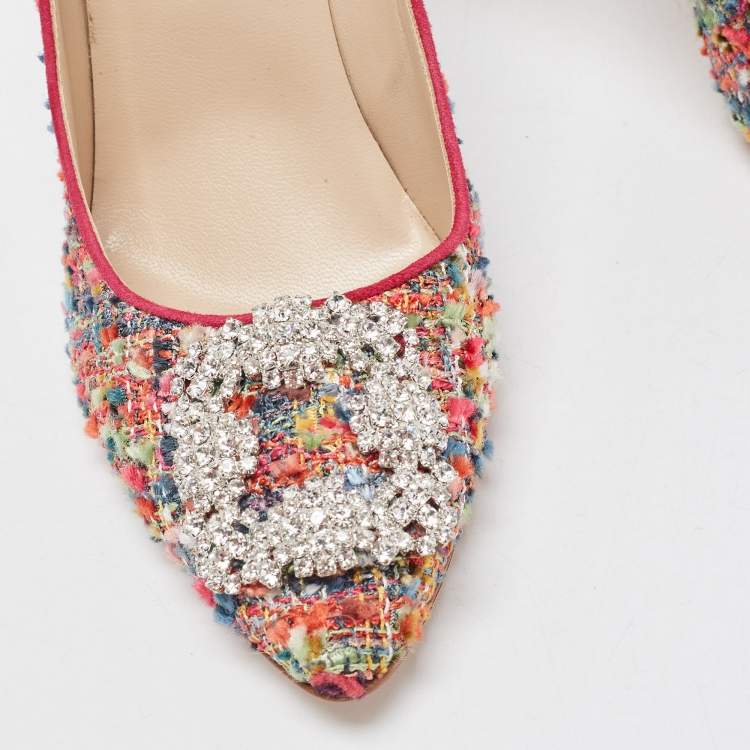Pre Owned Manolo Blahnik Multicolor Tweed Hangisi Pumps Size 38.5