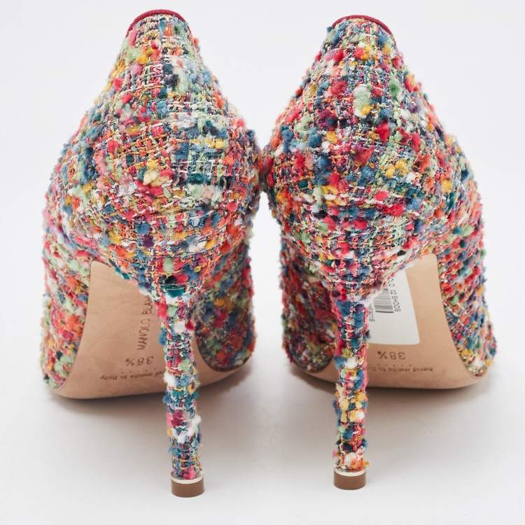 Pre Owned Manolo Blahnik Multicolor Tweed Hangisi Pumps Size 38.5