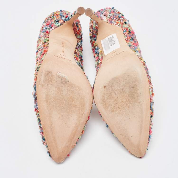 Pre Owned Manolo Blahnik Multicolor Tweed Hangisi Pumps Size 38.5