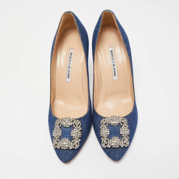 مملوكة مسبقًا Manolo Blahnik Blue Denim Hangisi Pumps Size 39.5