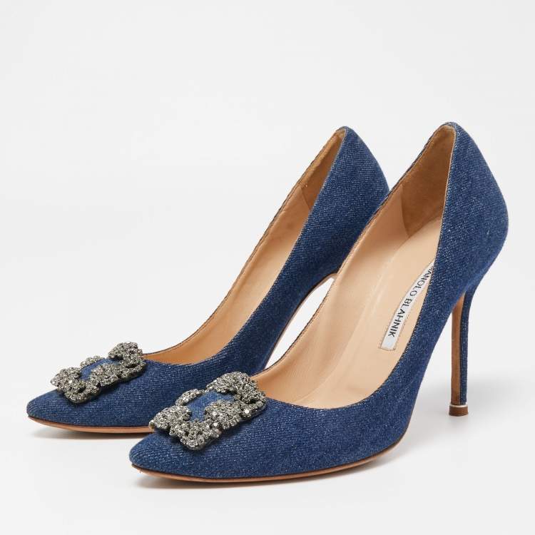 مملوكة مسبقًا Manolo Blahnik Blue Denim Hangisi Pumps Size 39.5