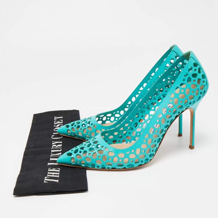 Pre Owned Manolo Blahnik Blue Laser Cut Leather BB Laserato Pumps Size 38