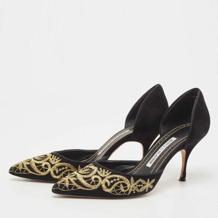Pre Owned Manolo Blahnik Black Suede Embroidered Volta D'Orsay Pumps Size 37.5
