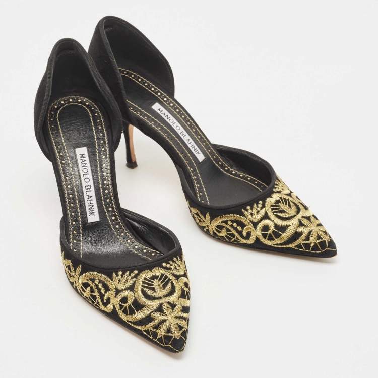 Pre Owned Manolo Blahnik Black Suede Embroidered Volta D'Orsay Pumps Size 37.5