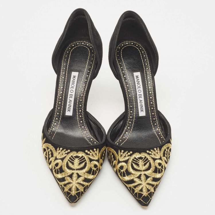 Pre Owned Manolo Blahnik Black Suede Embroidered Volta D'Orsay Pumps Size 37.5