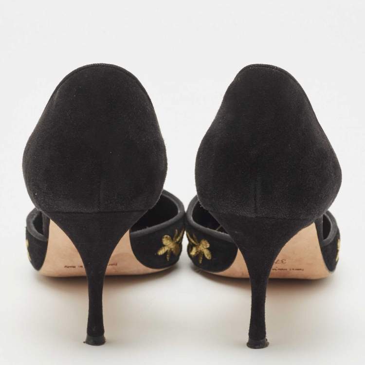 Pre Owned Manolo Blahnik Black Suede Embroidered Volta D'Orsay Pumps Size 37.5