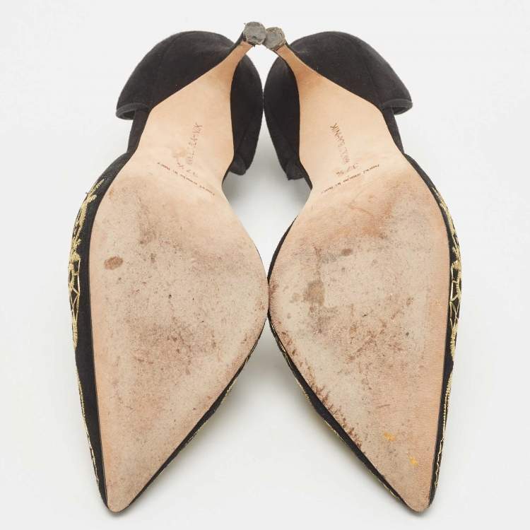 Pre Owned Manolo Blahnik Black Suede Embroidered Volta D'Orsay Pumps Size 37.5