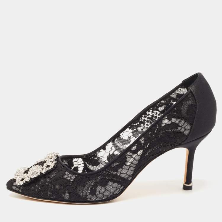 Pre Owned Manolo Blahnik Black Lace and Canvas Hangisi Pumps Size 36.5