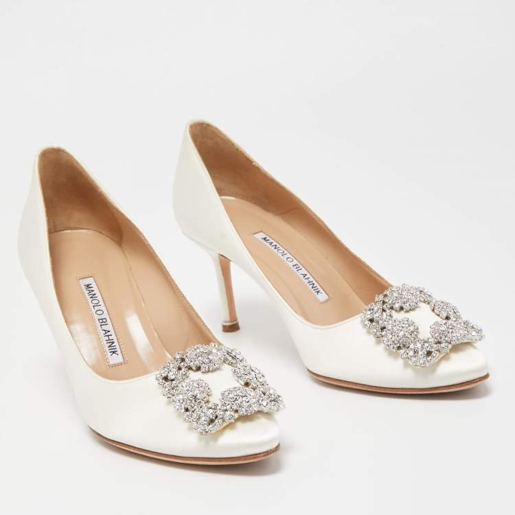 Pre Owned Manolo Blahnik White Satin Hangisi  Pumps Size 36.5