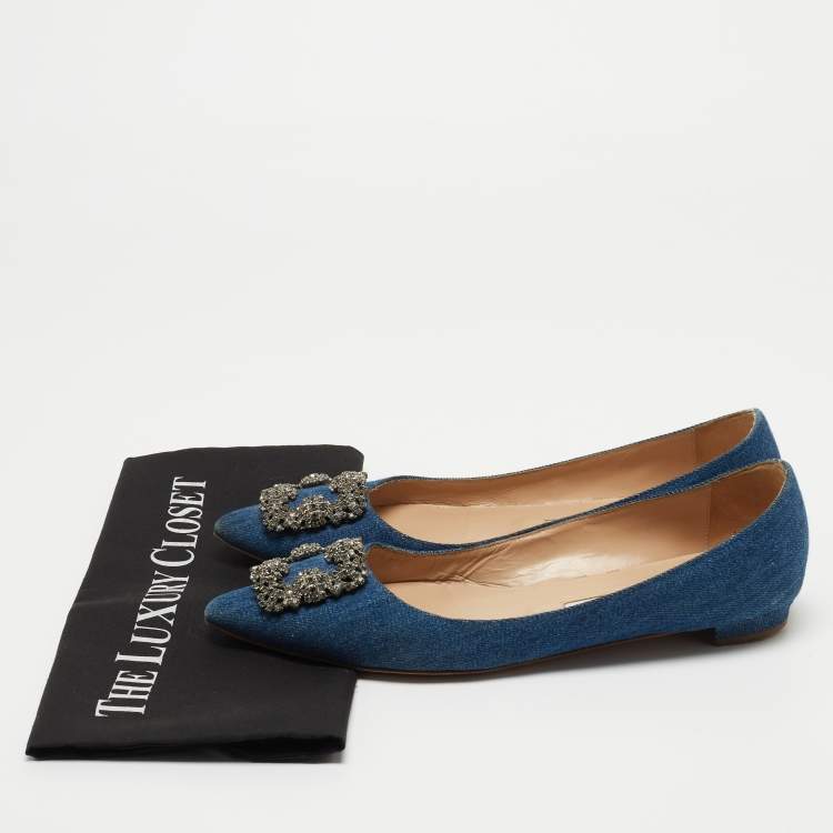 Pre Owned Manolo Blahnik Blue Denim Hangisi Embellished Pointed Toe Ballet Flats Size 40.5