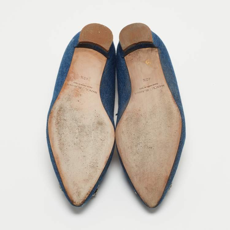 Pre Owned Manolo Blahnik Blue Denim Hangisi Embellished Pointed Toe Ballet Flats Size 40.5