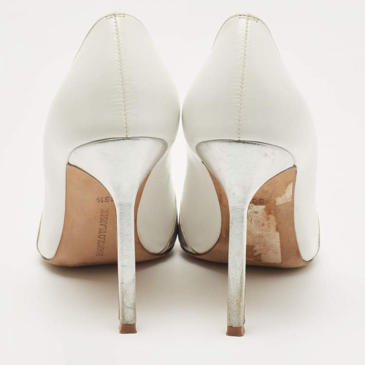 Pre Owned Manolo Blahnik Silver/White Leather  BB Pointed Toe  Pumps Size 36.5